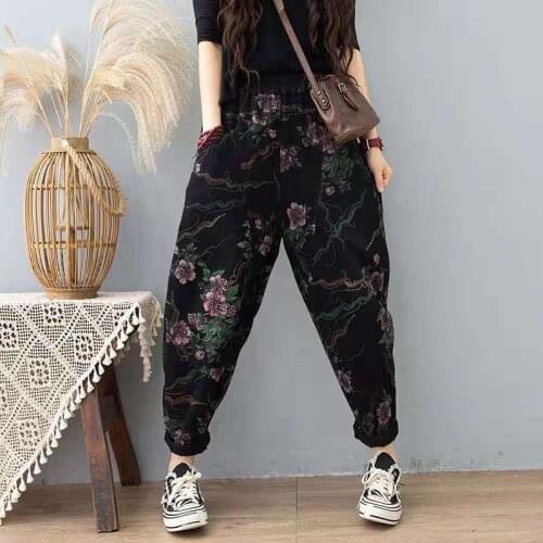 2021 New Arrival Spring Women Arts Style Casual Elastic Waist Harem Pants Vintga Print Cotton Denim Ankle-length Jeans W328