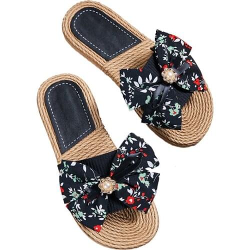 New Female Shivering Bow Flax Linen Flip Flops For Woman Bohemia Style No-slip Beach Slipper Woman Shoes Zapatos De Mujer hy442