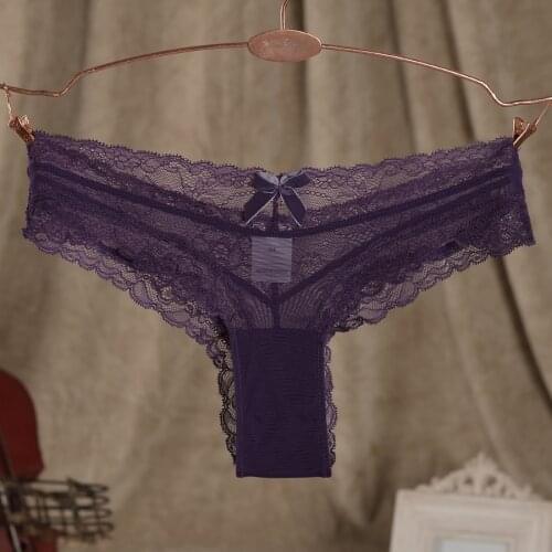 Womens ultra-thin sexy full transparent gauze lace panties low-waist purple breathable plus size g thong