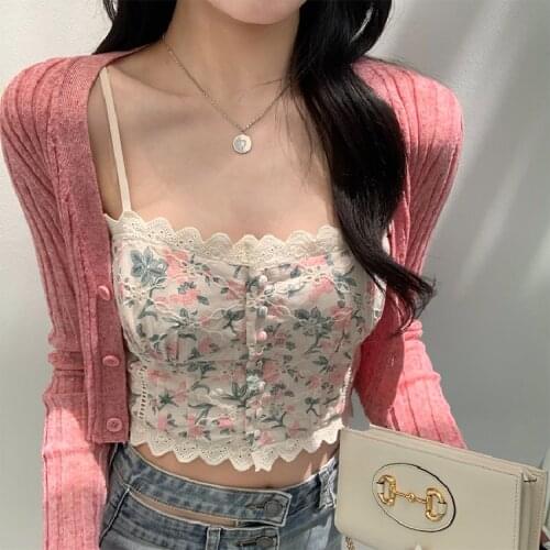 Vintage French Lace Sweet Floral Print Camisole Women 2021 Summer Fashion Crop Tops Single Breasted Slim Holiday Tank Tops