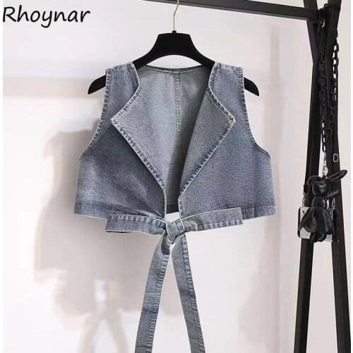 Vests Women Cropped Spring Blue Denim Design Lady Clothing Trendy Elegant Turn Down Collar Solid Simple Slim Vintage Female New