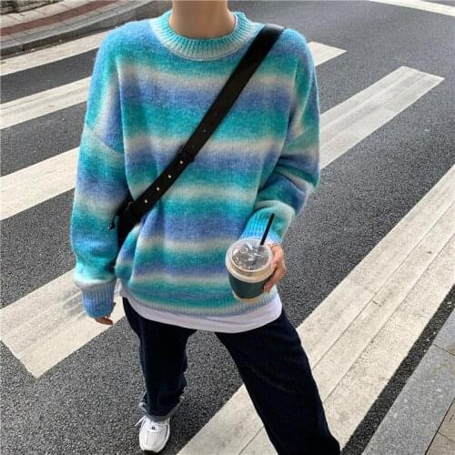 Autumn new product blue-green gradient round neck pullover knitted sweater loose long-sleeved sweater women