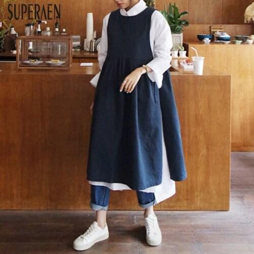 SuperAen 2020 Womens Sleeveless Dress Cotton Casual Wild New Korean Style Ladies Dress Solid Color Autumn Women Clothing