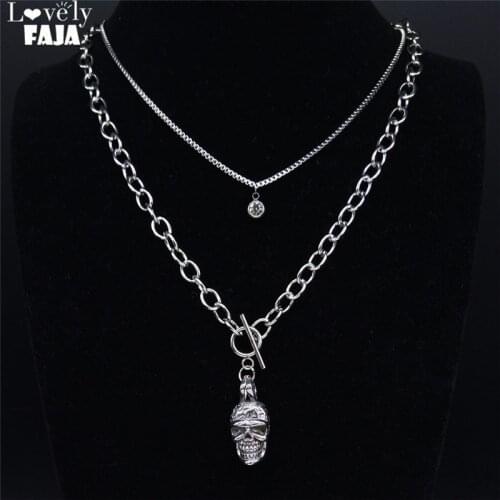 2021 Punk Skull Layered Necklace Women Silver Color Skull Stainless Steel Statement Necklace Jewelry collares grandes N2037S03