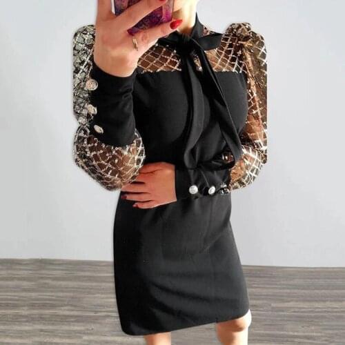 Brand New Womens Mesh Glitter Sequins Mini Dress Ladies Party Bodycon Bow Neck Puff Sleeve Jumper Dress Party Clubwear