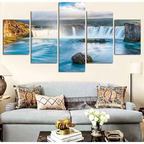 Unframed 5 Panels Green Waterfall Scenery Canvas Print Painting Modern Canvas Wall Art for Wall Pcture Home Decor Artwork FA402