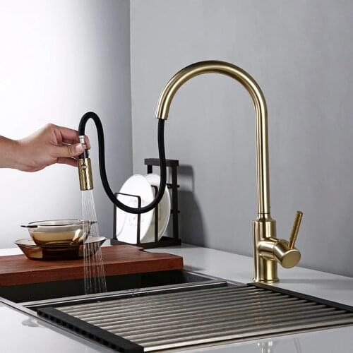 Bagnolux Brushed Gold Brass Kitchen Faucet NEW Premium Gooseneck Pull Out Kitchen Faucet Sink Mixer Tap Solid Brass Construction