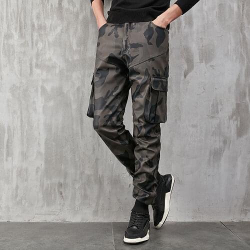 Thoshine Brand Men Leather Pants Camouflage Elastic Superior Quality PU Faux Leather Trousers Motorcycle Pants Jogger Streetwear