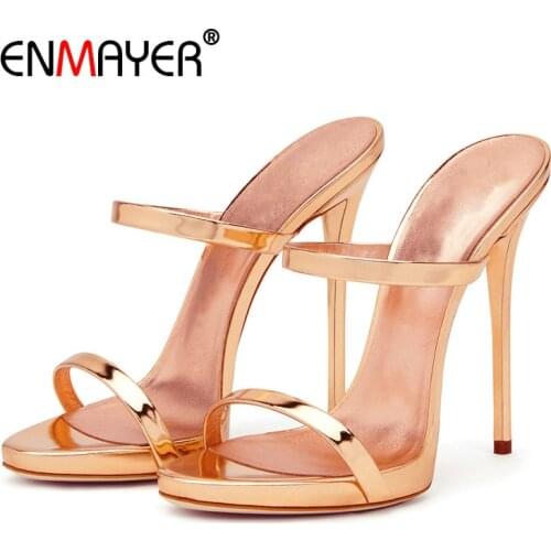 ENMAYER Patent Leather Solid Summer Outside Luxury Shoes Women Designers Slippers Women Super High Thin Heels Sandals 34-43