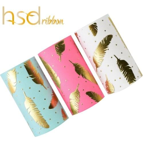 HSDRibbon 75MM 3 inch hsd-design Gold foil printed Leaves on Grosgrain Ribbon