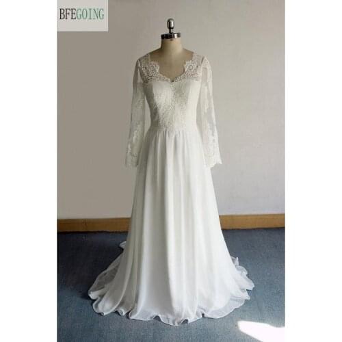 Ivory Lace Chiffon Long Sleeves V-neck Floor-Length A-line Wedding dress Court Train Custom made