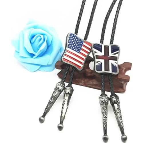 Fashion Western cowboy Bolo Tie British flag American flag logo Metal buckle Black Leather Necktie Mens Necklace Jewelry