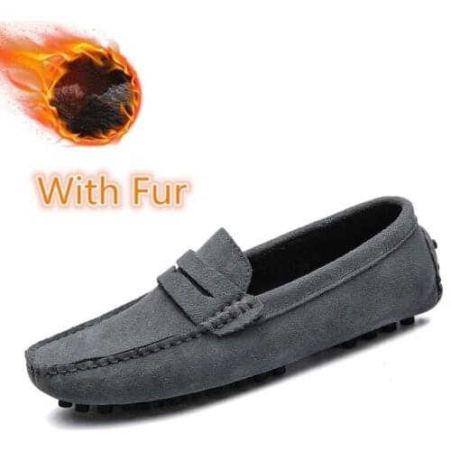 Luxury Italian Brand Casual Shoes Men Suede Leather Moccasins Men Loafers Slip on Men Shoes Plus Velvet Fur Handmade Flat Soft