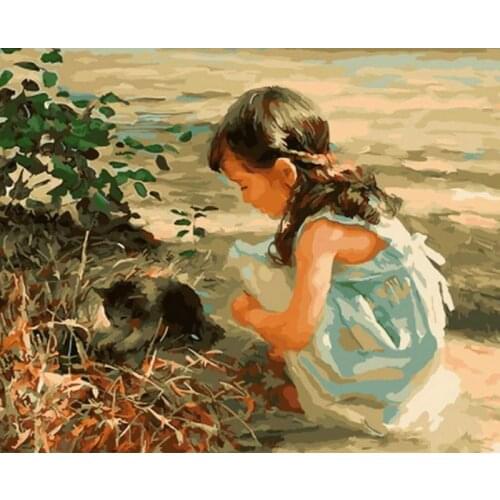 Beach cat and girl Figure Paint By Numbers DIY Oil Painting Big Size Birthday Gift for Child Art Decor Wall Picture 60x75cm