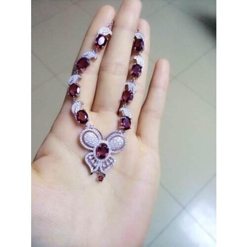 Natural Red garnet stone Necklace Natural Gemstone Pendant Necklace Girls Ladies fashion elegant Butterfly wedding fine Jewelry