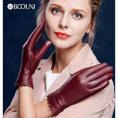 BOOUNI Genuine Leather Gloves Fashion Trend Women Sheepskin Gloves Thermal Winter Velvet Lining Finger Driving Glove NW671