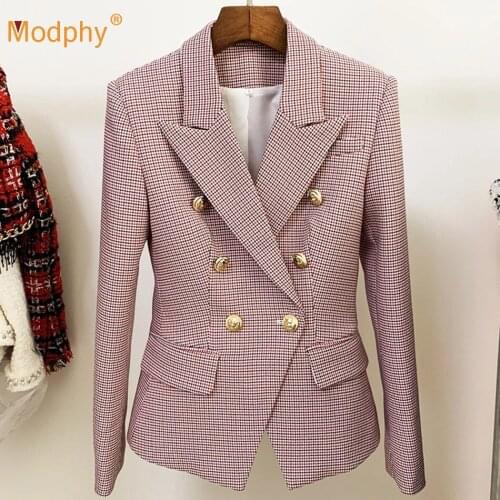 Sexy Turn-down Collar Long Sleeve Double Breasted Slim Fashion Office Coat 2021 Spring New Ladies Plaid Jacket Clothing