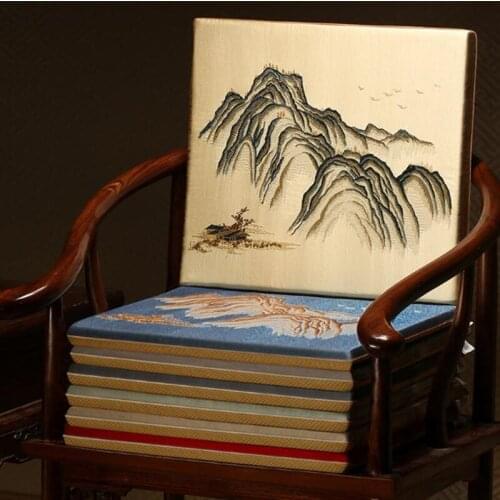 Custom Fine Embroidered Scenic Chair Seat Cushion Pad Office Home Decorative Chinese Silk Satin Armchair Non-slip Sitting Mats
