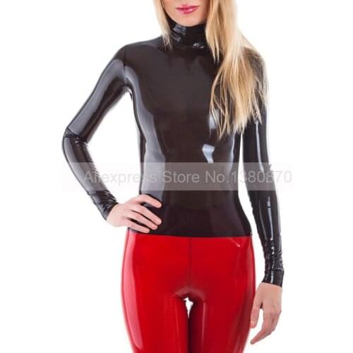 Rubber Latex Women Black Simple Top Shirt With Back Short Zip S-LSW017