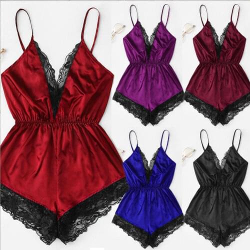 S-3XL Women Sexy Nightwear Sleep Romper Stain Lace Trim Hem Deep V-Neck Sling Night Bedroom Bodysuit Lady Exotic Nightwear 2021