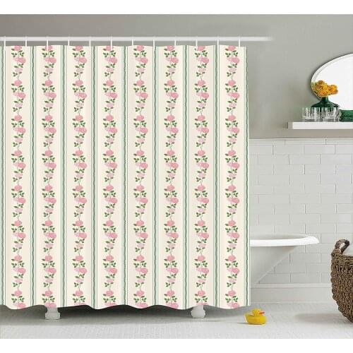 Floral Shower Curtain Country Flower Roses Buds Swirls with White Borders Leaves Art Print Waterproof Polyester Bath Curtains