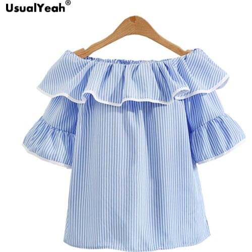 New Fashion Summer Off the Shoulder Plus Size Blouse Sexy Slash Neck Striped Tops Femininas Blue White XL - 4XL 5XL