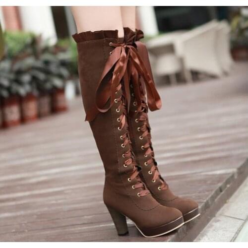 Lady Boots Rock Shoes Woman Sexy Thigh High Heels High Sexy Lace Up Clogs Platform Round Toe Luxury Designer Ladies Women