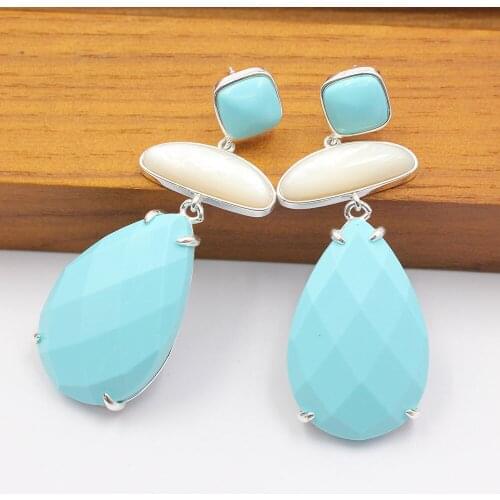 GG Jewelry Natural Blue Turquoises White Shell 925 Silver Color Dangle Stud Earrings Handmade For Women