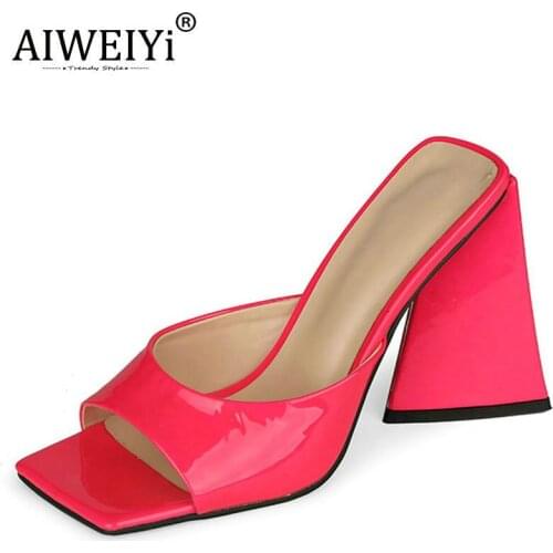 AIWEIYi Woman Slippers Patent Leather Outdoor Slippers High Heels Candy Color Sexy Womens Shoes 34-45 Shoes Woman Heel Slippers