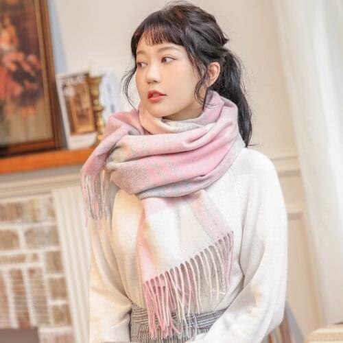 100% Wool Scarf Women Thicken Warm Pink Plaid Echarpe Shawls and Wraps Checkered Pashmina Winter Cashmere Scarves Foulard Femme