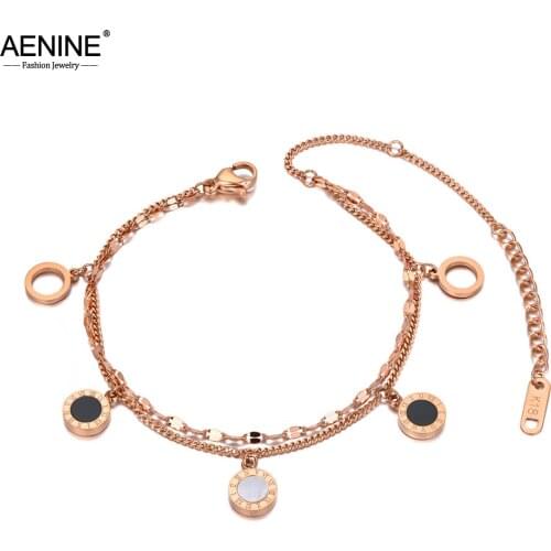 AENINE Vintage Stainless Steel Bohemia Shell Acrylic Chain Link Bracelets For Women 5Pcs Roman Numerals Charm Bracelet AB20145