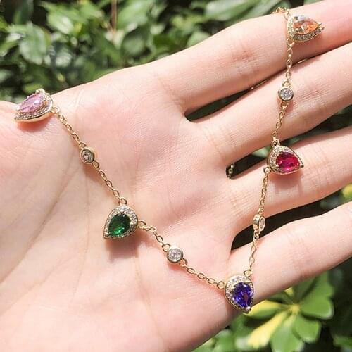 New Gold Color Copper Multicolor Water Drop AAA Cubic Zirconia Simple Pendant Necklaces Womens Fashion Jewelry Cobre CZ Colar