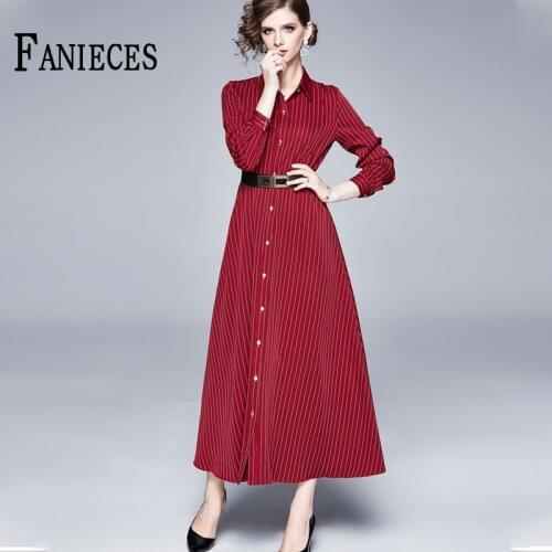 Spring Autumn Fashion Runway Red Striped Print Button Shirt Dress Women Female Vestido mujer Office Ladies Party A-Line Dresses