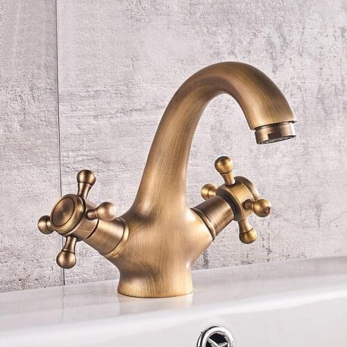 Antique Brass Deck Mount Basin Mixer Taps Dual Handles Bathroom Vessel Sink Faucet Hot and Cold Washing Basin Faucet