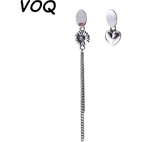 VOQ 925 Sterling Silver Daisy Heart Asymmetrical Tassel Earrings For Women Girls Sweet Handmade Thai Silver Jeweler