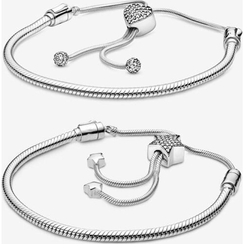 925 Sterling Silver Bracelet Moments Star Clasp Snake Chain Slider Bangle Fit Women Bead Charm pan Jewelry