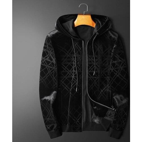 Boutique mens plus size sweater mens fall/winter hooded casual stretch jacket youth tide brand plus velvet thick double-sided