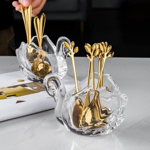 European Glass Swan Storage Jar Cherry Blossom Fruit Fork Spoon Set Creative Golden Dessert Spoon Fork Coffee Spoon Fruit Fork
