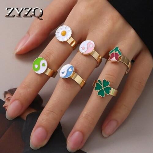 ZYZQ Exquisite Colorful Love Heart Rings for Women Sweet Flowers Butterfly Drip Oil Enamel Metal Finger Rings Couple Jewelry