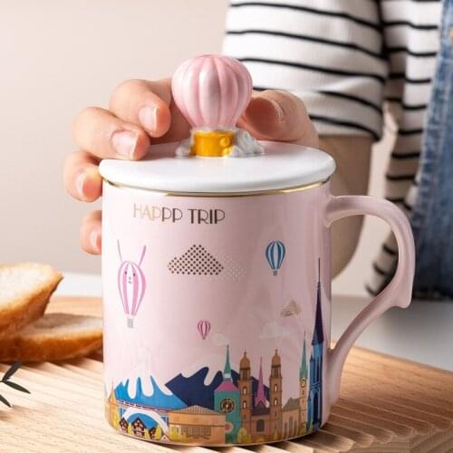 400ML Hand-painted Balloon Castle Ceramic Mug Modern Fashion Couple Mugs Ladies Coffee Cup with Lid Spoon Milk Breakfast