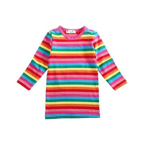 Toddler Baby Girls Kids Summer Clothes Long Sleeve Rainbow Party Striped T-Shirt Dress