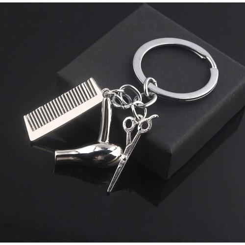 Hip Hop Barber Metal Keychains High Quality Hair Dryer Combs Scissors Stylist Tool Keyring For Key Men Car Women Bag Accessories