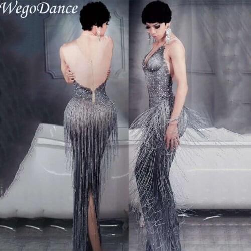New Fringes Long nude Stretch Rhinestones Tassel Skinny Dress Pearl Outfit Wear Evening Birthday Celebrate Sexy Singer Costume