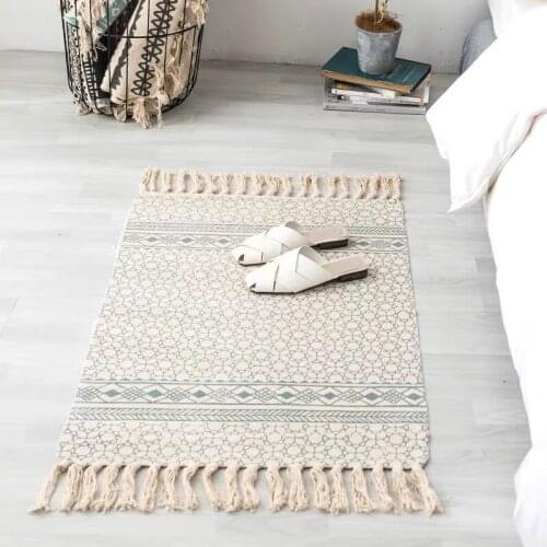 Retro Bohemian Hand Woven Cotton Linen Carpet Tassel Bedside Rug Geometric Floor Mat Living Room Bedroom Home Decoration