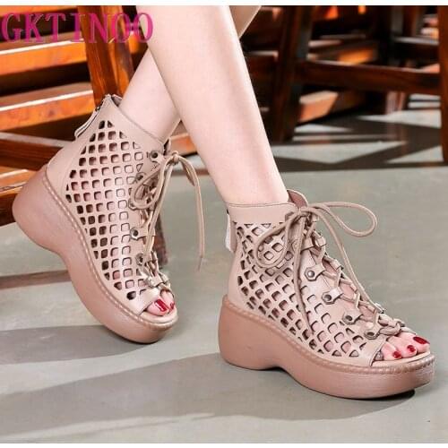 2021 Summer Female Hollow Genuine Leather Sandals Women Shoes Sandals Platform Wedges Beach Shoes Woman Fashion Casual Sandals