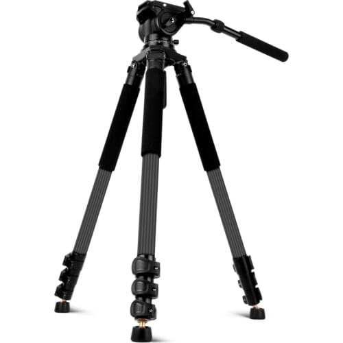 Q680C Carbon Fiber Video Tripod with Fluid Head Professional Heavy Duty Camera Tripod for Nikon Canon Sony DSLR Camera Camcorder