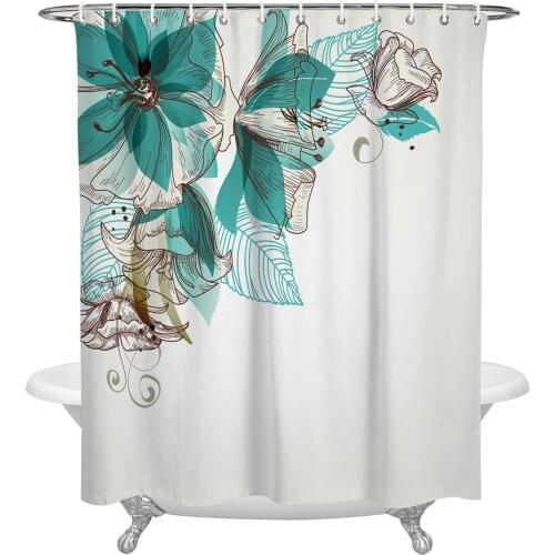 Flowers Bloom Turquoise Plants Roses Shower Curtains Bathroom Curtain Waterproof Polyester Frabic Bathroom Curtain with Hooks
