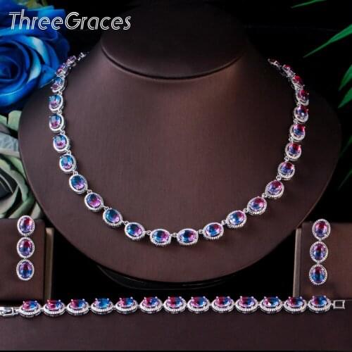 ThreeGraces 3 Pcs Rainbow CZ Crystal Round Choker Necklace Earrings Bracelet Set for Women Elegant Bridal Wedding Jewelry TZ609