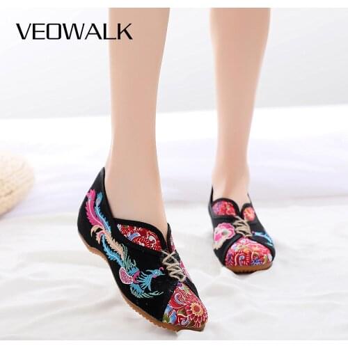 Veowalk Retro Women Canvas Embroidered Flat Shoes Vegan Ladies Casual Loafers Comfortable Japanese Style Fabric Flats