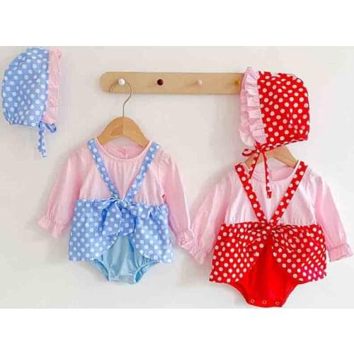 Spring Newborn Baby Girls Dot Print Jumpsuit With Hat Long Sleeve Toddler Girls Bodysuit Outfits Clothes Summer